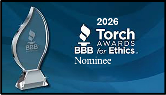 Trophy beside the text '2026 Torch Awards for Ethics'—BBB Nominee on a blue background.